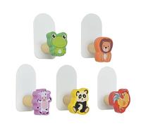 MORETATA 5Pcs Self-Adhesive Kids Coat Hooks, Animal Towel Hooks Wooden Sticky Clothes Hook, Wall Mounted Children's Coat Hooks for Towel, Clothes,Backpacks and Hats(Animal)