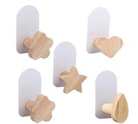 MORETATA 5Pcs Self-Adhesive Kids Coat Hooks, Cute Towel Hooks Wooden Sticky Clothes Hook, Wall Mounted Children's Coat Hooks for Towel, Clothes,Backpacks and Hats(Wood Color)