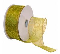 Morex Ribbon 7416.60/50-621 Swirl 2.5" X 50 YD Nylon Sheer Curling Wired Glitter Ribbon, Moss/Gold, Holiday Ribbons for Crafts and Christmas Decorations, Indoor Christmas Ribbon for Gift Wrapping
