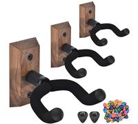 MOREYES Guitar Wall Mount 3 Pack, 42Pcs Guitar Picks with 7 Thickness 0.46 0.58 0.71 0.81 0.96 1.20 1.50 mm for Guitar, Rotatable U-Shaped Guitar Hanger for Acoustic Guitar, Black Walnut, Black