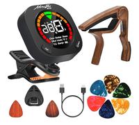 MOREYES Tuner Clip on Chromatic, Guitar, Bass, Violin, Ukulele Include Guitar Capo and Picks and Holder (Tuner Wood Color Capo)