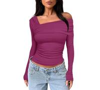 MorFansi Women's Long Sleeve Tops One Off Shoulder Tight Shirts Ruched Going Out Slim Fit Y2K Crop Top Basic Tee T-Shirt (Purple Red,L)