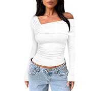 MorFansi Women's Long Sleeve Tops One Off Shoulder Tight Shirts Ruched Going Out Slim Fit Y2K Crop Top Basic Tee T-Shirt (White,XL)