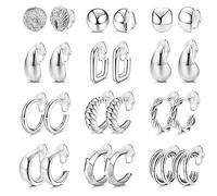 Morfetto 12Pair Clip on Hoop Earrings for Womens Gold Clip on Earrings Twist Round Chunky Hoop Clip Earrings No Piercing Fake Earrings Silver