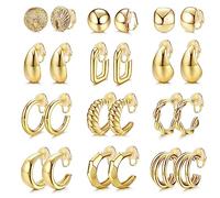 Morfetto 12Pair Clip on Hoop Earrings for Womens Gold Clip on Earrings Twist Round Chunky Hoop Clip Earrings No Piercing Fake Earrings Gold