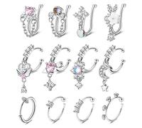 Morfetto 12PCS Fake Nose Ring Gold/Silver Septum Piercing Jewellery Surgical Steel Thin Small Clip on Nose Hoop Rings Adjustable Faux Lip Ring for Women Silver