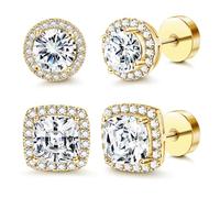 Morfetto 14K Golden Flat Back Round Square Stud Earrings for Men Women, Large Big Cubic Zirconia, Stud Earrings