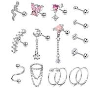 Morfetto 16pcs Helix Piercing Jewellery Surgical Steel Conch Tragus Helix Earring for Women Screw Back Earrings Stud CZ Ear Piercing Cartilage Helix Conch Hoop Earrings for Multiple Piercings Silver