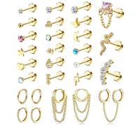 Morfetto 28PCS Helix Piercing Jewellery Surgical Steel Hypoallergenic Flat Back Earrings Gold Silver Conch Hoop Stud Cartilage Earrings Set Daith Tragus Piercing Jewellery 20G Gold