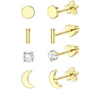 Morfetto 4 Pairs Stud Earrings for Women 925 Sterling Silver Post Double Sided Star Heart Flat Back Stud Hoop Earrings Hypoallergenic Cartilage Earring Golden Moon
