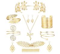 Morfetto 9 Pcs Greek Goddess Costume Accessories Set for Women Golden Laurel Leaf Crown Headband Upper Arm Coil Bracelet Pearl Leaf Dangle Earring Necklace Bridal Wedding Headpiece Toga Costume Party
