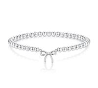 Morfetto Beaded Bracelet for Women, Silver Plated 5mm Handmade Stretch Ball Bracelet with Bow Charm, Dainty Stackable Jewellery, Birthday Gifts for Women