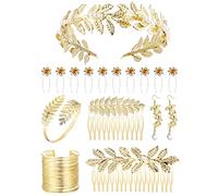 Morfetto Greek Goddess Costume Accessories Set for Women Golden Laurel Leaf Crown Headband Upper Arm Cuff Coil Bracelet Pearl Leaf Dangle Earring Artificial Pearl Earrings Bridal Wedding Set