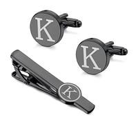 Morfetto Initial Cufflinks and Tie Clip Set for Men Personalized Black Cuff Links and Tie Bar Letter Alphabet A-Z Gift with Box for Father Husband Groommens K