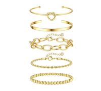Morfetto Non Tarnish 5Pcs Bracelets Set for Women - 14K Gold Plated Stackable Adjustable Chunky Paperclip Rope Chain Cuff Bangle Beaded Bracelet Dainty Golden Jewellery Gifts Golden Knot