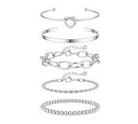 Morfetto Non Tarnish 5Pcs Bracelets Set for Women - Silver Stackable Adjustable Chunky Paperclip Rope Chain Cuff Bangle Beaded Bracelet Dainty Silver Jewellery Gifts Silver Knot