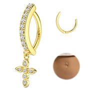 Morfetto Surgical Steel Gold Belly Button Bars - Hypoallergenic 14k Gold Plated Belly Bar Dangly Belly Button Piercing Cubic Zircon Pearl Click Belly Ring Navel Piercing Jewelry 14G Golden-Cross