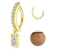 Morfetto Surgical Steel Gold Belly Button Bars - Hypoallergenic 14k Gold Plated Belly Bar Dangly Belly Button Piercing Cubic Zircon Pearl Click Belly Ring Navel Piercing Jewelry 14G Golden-Square