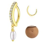 Morfetto Surgical Steel Gold Belly Button Bars - Hypoallergenic 14k Gold Plated Belly Bar Dangly Belly Button Piercing Cubic Zircon Pearl Click Belly Ring Navel Piercing Jewelry 14G Golden-Pearl