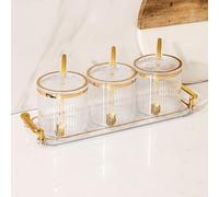 MoRfiL Nordic Style Glass Tin Salt Bowl Three-Piece Set Spice Jars with Spoon and Lid Spice Container Storage Tin Sugar Bowl Salt Pot,White