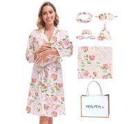 MORFORU Maternity Robe and Baby Swaddle Blanket Set, Mommy Delivery Robe Baby Blanket Hairband Hat Hairtie Hospital Bag, Pink Roses, X-Large