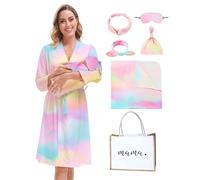 MORFORU Mommy and Me Robe and Swaddle Set - Maternity Robe, Baby Blanket, Matching Hospital Outfits - Fantasy Rainbow, Medium