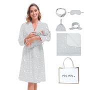 MORFORU Mommy and Me Robe and Swaddle Set - Maternity Robe, Baby Swaddle Blanket, Gray White Interstellar, Medium