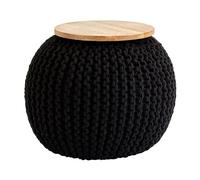 morgan round woven pouffe with wooden plate in black