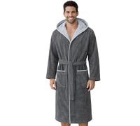 Morgenstern Dressing Gown Men 100% Cotton Hood Velvet Terry Bathrobe Finn Grey/Light Grey Size L