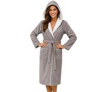 Morgenstern Dressing Gown Women Hood 100% Cotton Velour Long Bathrobe Grey/Beige S