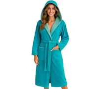 Morgenstern Dressing Gown Women Hood 100% Cotton Velour Long Bathrobe Teal S