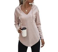 morhuduck Women's V Neck Hoodies Long Sleeve Sweatshirt Drawstring Pullover Tops with Pocket, Apricot-1, XL