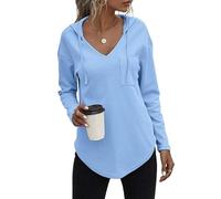 morhuduck Women's V Neck Hoodies Long Sleeve Sweatshirt Drawstring Pullover Tops with Pocket, Blue, XXL