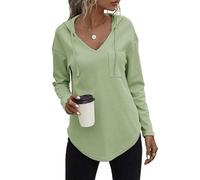 morhuduck Women's V Neck Hoodies Long Sleeve Sweatshirt Drawstring Pullover Tops with Pocket, Mint Green-1, Large