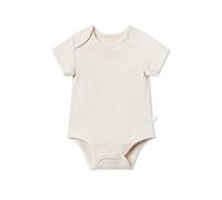 MORI Baby Ribbed Short Sleeve Bodysuit in Ribbed Ecru - Bamboo & Organic Cotton - Envelope Neck Unisex Toddler Romper for All Seasons - 6-9 Months