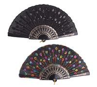Morices 2 Pcs Sequin Folding Fans, Elegant Embroidered Flower Peacock Pattern Handheld Fan, Decorative Hand Fans for Dancing Wedding Party Favors Gift Wall Hanging Decoration (Black + Colorful)