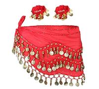 Morices Belly Dance Hip Scarf with Bracelets, Chiffon Scarf Wrap Belt Sash Skirt with Gold Coins for Performance Costume Yoga Class