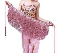 Morices Belly Dance Skirt Hip Scarf, Sequin Tassel Belly Dancing Skirt Dance Hip Belt Latin Dance Hula Hip Scarf Performance Outfit for Women Girls(Pink)