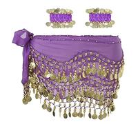 Morices Women's Belly Dance Hip Bracelets, Chiffon Wrap Sash Gold Coins Performance Costume Yoga Class Belt Skirt Scarf, Purple, One Size