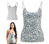 Women's Sequin Tops, Sleeveless Glitter Camisole Vest, Adjustable Straps Daily Halter Tank Tops Blouse Tshirts for Night Club Party Performance Costume Silver