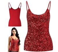 Women's Sequin Tops, Sleeveless Glitter Camisole Vest, Adjustable Straps Daily Halter Tank Tops Blouse Tshirts for Night Club Party Performance Costume Red
