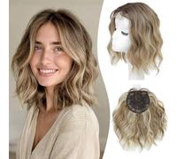MORICHY 10" Short Wavy Hair Topper, Synthetic Hair Toppers for Women Adds Volume & Gray Coverage, Natural Looking Shoulder Length Topper Daily Use Golden Brown with Highlights Bleach Blonde