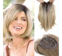 MORICHY 6.5X6.5'' Large Base Hair Toppers for Women Ombre Blonde Hair Topper with Fringe for Thinning Hair Synthetic Wiglets Ladies Hair Pieces for Women (Mix Blonde with Dark Root)