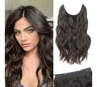 Morichy Short Halos Hair Extensions, 14Inch Invisible Wire Hair Extensions Short Wavy Synthetic Chocolate Brown Hairpieces for Women with Transparent Wire Adjustable Size, Upgrade 4 Secure Clips