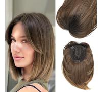 MORICHY Synthetic Hair Toppers for Thinning Hair, 12'' Hair Toppers with 6.5X6.5inch Big Base Cover for Adding Extra Hair Volume Soft Ombre Brown Toppers with Bang (Ombre Brown 3 color tone)