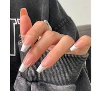 Morily Light Pink White French Tip Press on Nails, 30Pcs Long Coffin Thicker Fake Nails Reusable False Nails with Design, Glossy Acrylic Stick on Nails for Women, 15 Sizes, Include Glass File