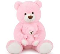 MorisMos 100cm Giant Teddy Bear XXL, Pink Mommy with Cuddly Baby, Big Fluffy Teddies Plush Soft Toy, Large Cute Bear Gift for Kids Girlfriend Wife Mum Birthday Mothers Day Decor