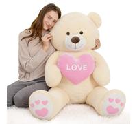 MorisMos 130cm Giant Teddy Bear, Beige Love Teddy Bear for Girlfriend, Large Teddies Soft Toy with Heart, Big Cute Fluffy Bear Gift for Kids Boyfriend Wife Birthday Mothers Day Decor