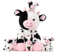 MorisMos 37cm/15in Cow Teddy with 4 Babies inside, Lifelike Dairy Cattle Plush Stuffed Animal Soft Toys Cuddly, Kawaii Presents for Kids Girls Boys & Farm Lover Birthday Party Decorations