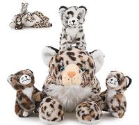 MorisMos 45cm/18in Snow Leopard Soft Toy with 3 Babies inside, Lifelike Leopard Teddy Stuffed Animal Plush Toy Cuddly, Kawaii Presents for Kids Girls Boys Children Birthday Party Decorations
